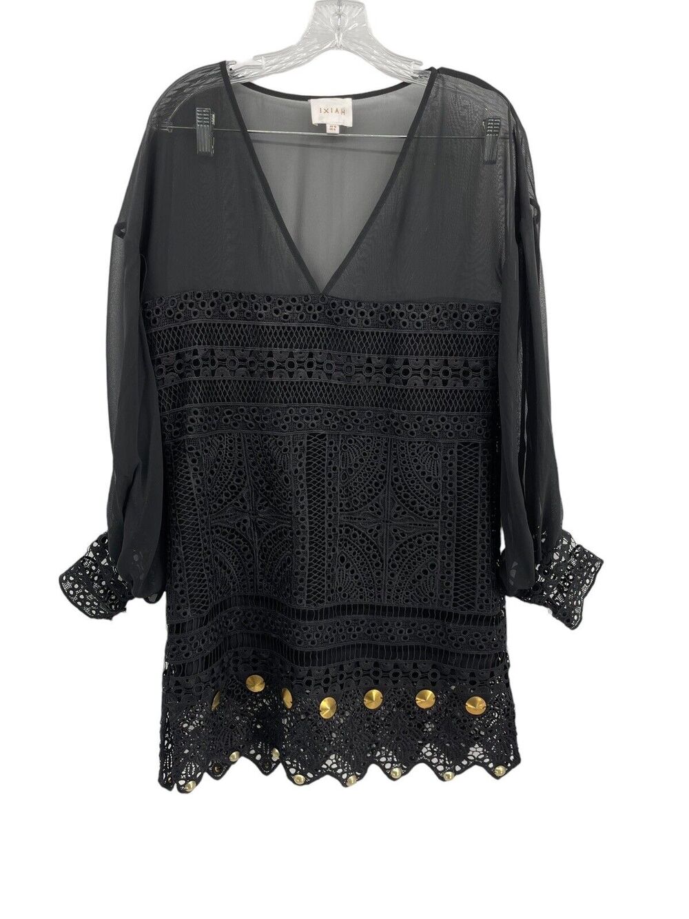 Ixiah Dress Black Crochet Gold Studs Size 6